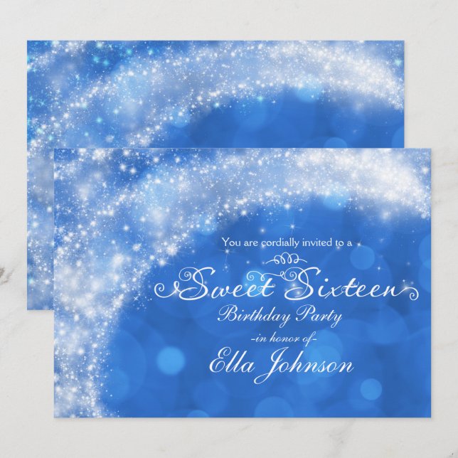 Blue & White Sparkle Cinderella Sweet 16 Party Invitation (Front/Back)