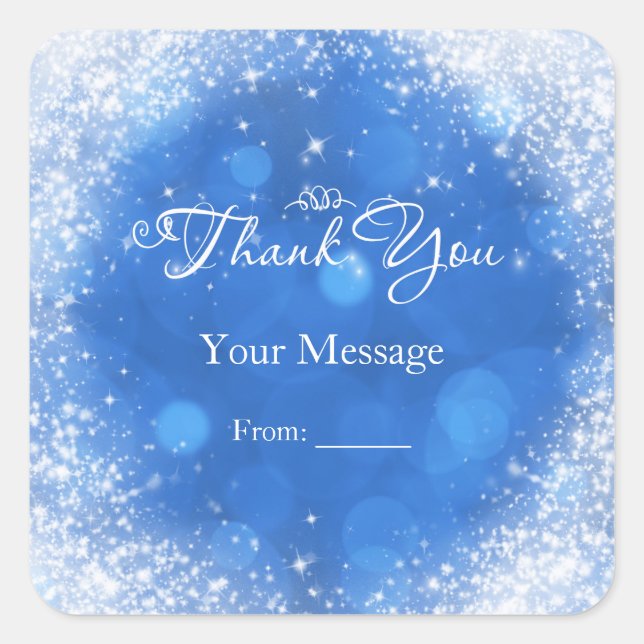 Blue & White Sparkle Cinderella Thank You Square Sticker (Front)