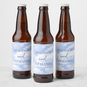 Blue White Sparkle Clouds Dreamy Elegant Wedding Beer Bottle Label