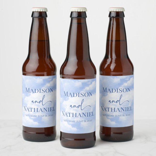 Blue White Sparkle Clouds Dreamy Elegant Wedding Beer Bottle Label (Bottles)