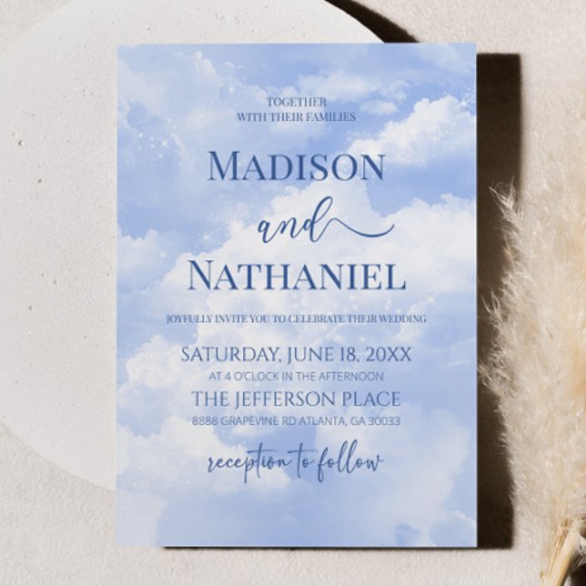 Blue White Sparkle Clouds Dreamy Elegant Wedding Invitation (Creator Uploaded)