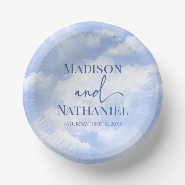Blue White Sparkle Clouds Dreamy Elegant Wedding Paper Plate (Front)