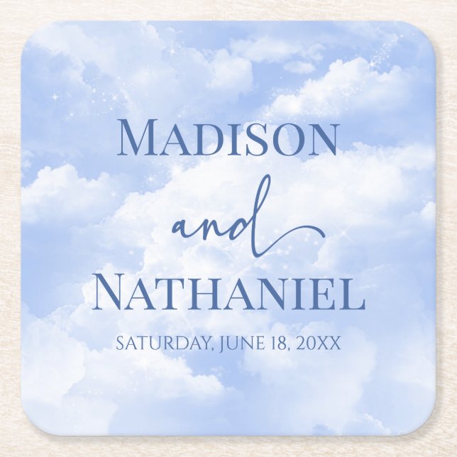 Blue White Sparkle Clouds Dreamy Elegant Wedding Square Paper Coaster (Front)