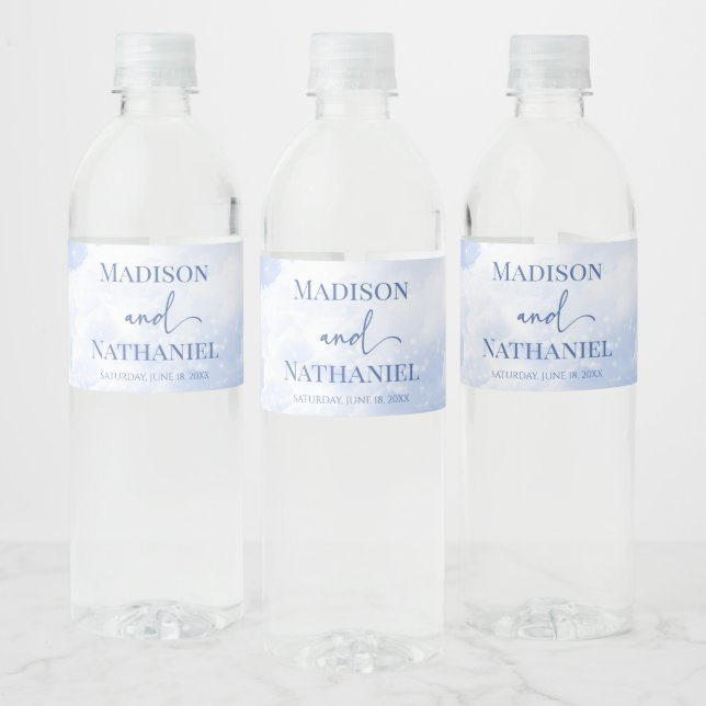 Blue White Sparkle Clouds Dreamy Elegant Wedding Water Bottle Label (Bottles)