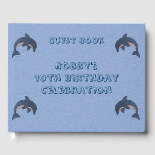 Blue White Sparkle Look Jumping Birthday Dolphins Guest Book