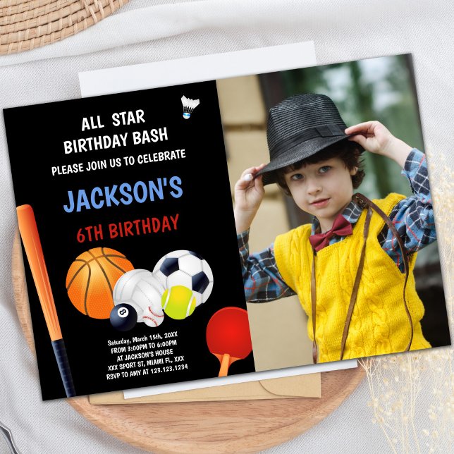 Blue & White Sports Birthday Invitations (Blue White Sports Birthday Invitations with photo)