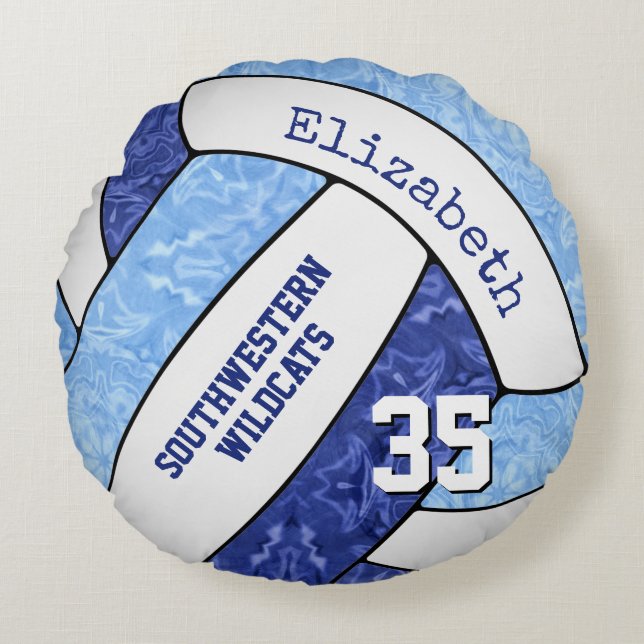 blue white sports team colours girly volleyball round cushion (Front)
