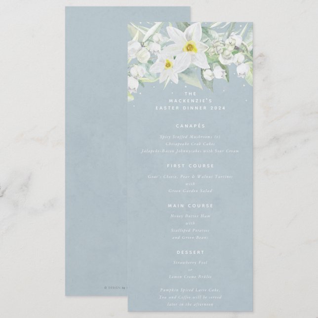 Blue White Spring Florals Flat 4 Course Easter Menu (Front/Back)