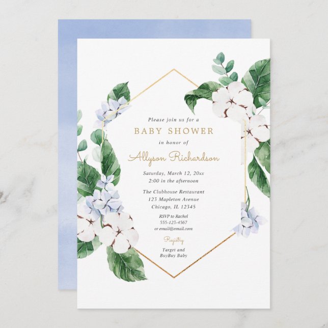 Blue white spring florals gold boy baby shower invitation (Front/Back)