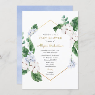 Blue white spring florals gold boy baby shower invitation