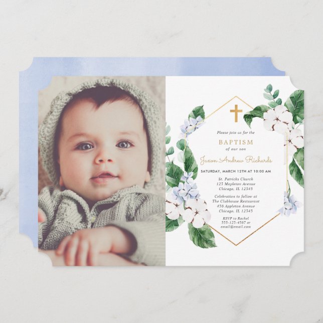 Blue white spring florals gold boy baptism photo invitation (Front/Back)