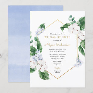 Blue white spring florals gold frame bridal shower invitation