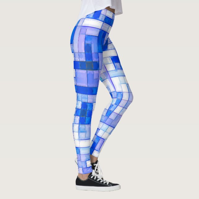  Blue White Square Geometric Pattern Personalise Leggings (Right)