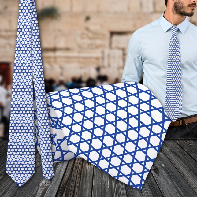 Blue White Star Of David Grid Tie (Blue White Star Of David Grid Neck Tie)