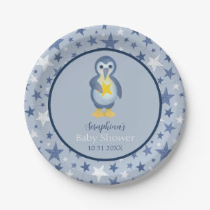 Blue & White Star Penguin Baby Shower Paper Plate