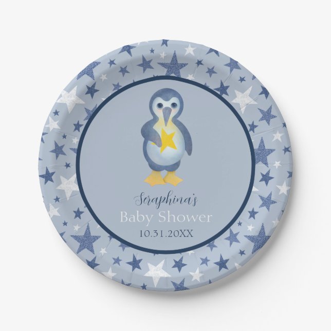 Blue & White Star Penguin Baby Shower Paper Plate (Front)