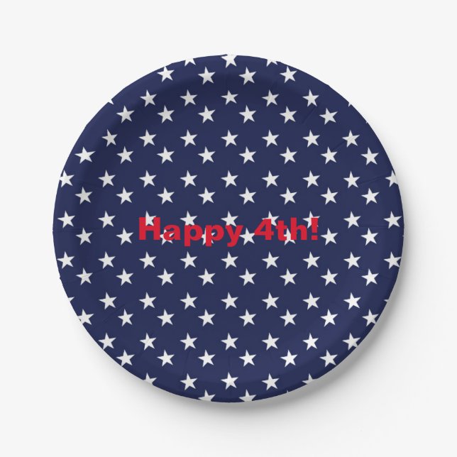 Blue & White Stars 4th of July Party Paper Plates (Front)
