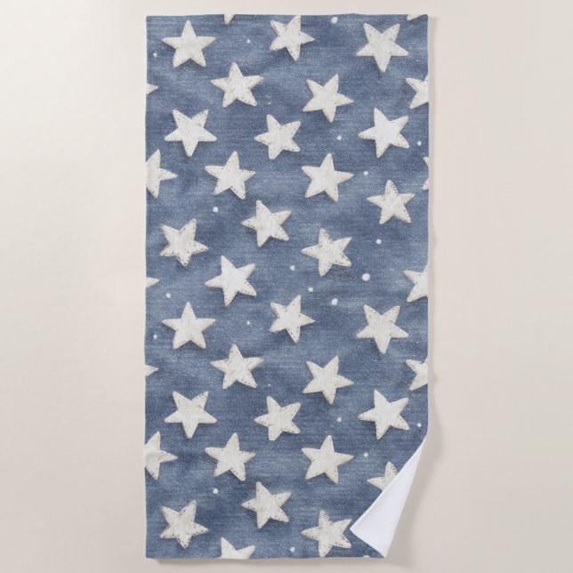 Blue White Stars   Beach Towel (Front)
