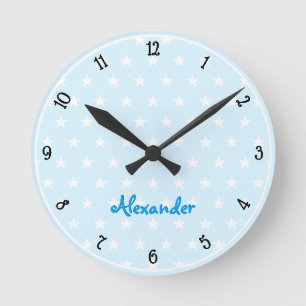 Blue White Stars Custom Name Boys Room Nursery Round Clock