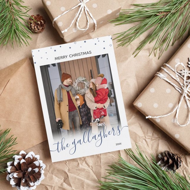 Blue White Stars Name In Script Christmas Photo Holiday Card (Creator Uploaded)