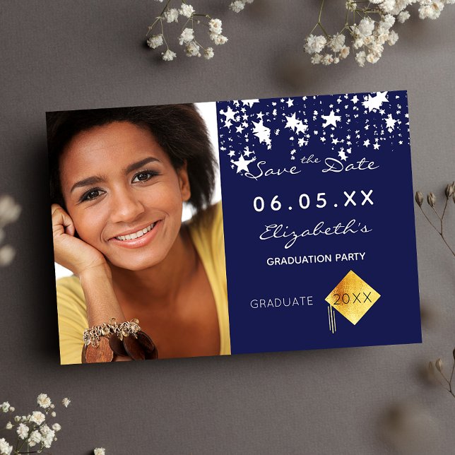 Blue white stars photo Graduation Save the Date (Creator Uploaded)