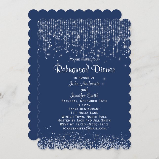 Blue White String Lights Winter Rehearsal Dinner Invitation (Front/Back)