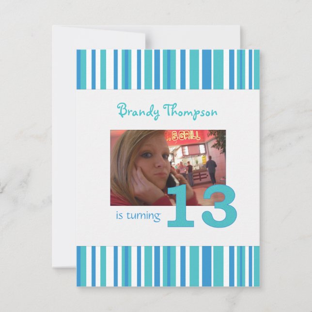 Blue & White Stripe 13th Birthday Invitation (Front)