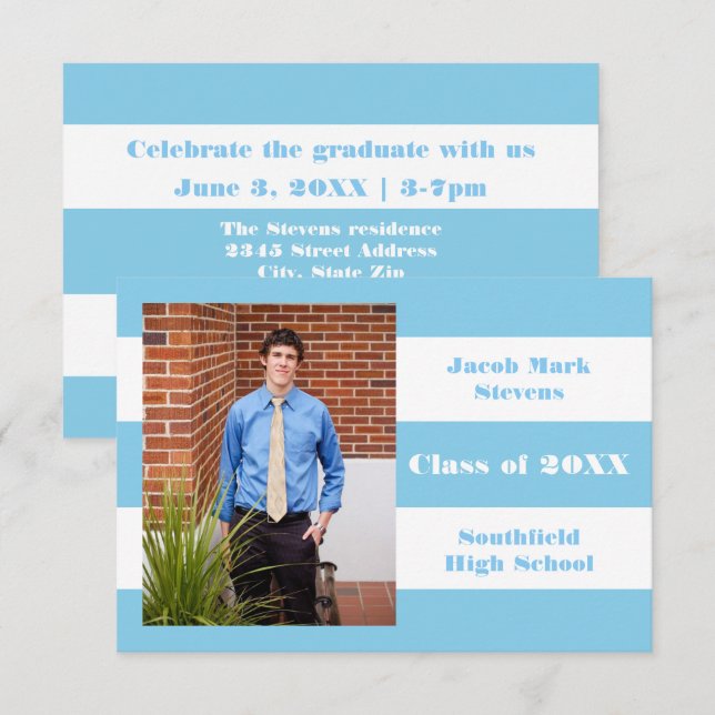 Blue & White Stripe - 3x5 Graduation Announcement (Front/Back)