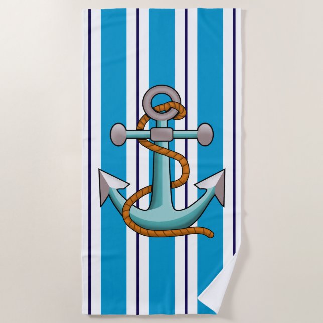 Blue White Stripe Anchor Nautical  Beach Towel (Front)
