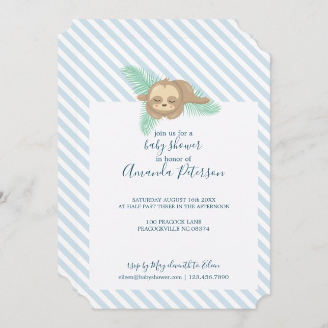 Blue & White Stripe Baby Sloth Baby Shower Invitation (Front/Back)