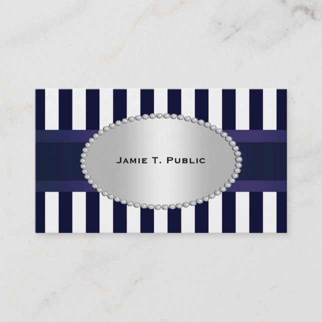 Blue White Stripe Blue Ribbon, Gold Framed Label P Business Card (Front)