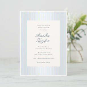 Blue White Stripe Classic Elegant Baby Shower Invitation