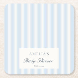 Blue White Stripe Custom Classic Baby Shower Square Paper Coaster