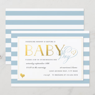Blue & White Stripe Faux Gold Baby Boy Shower Invitation