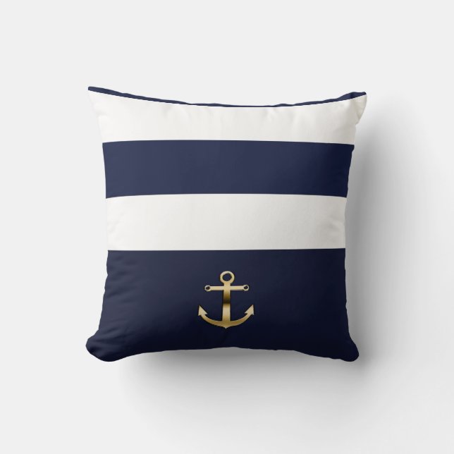 Blue & White Stripe Gold Anchor Nautical Chic Cushion (Front)
