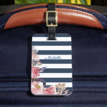 Blue & white stripe monogrammed luggage tag