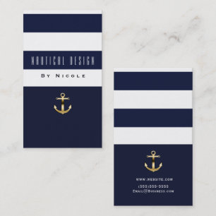 Blue & White Stripe Nautical Gold Anchor Business Card