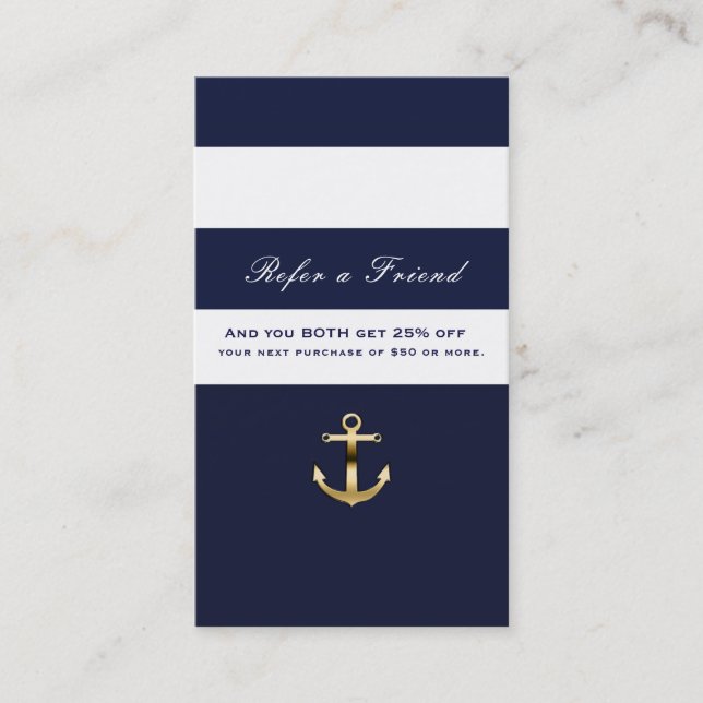 Blue & White Stripe Nautical Gold Refer a Friend Referral Card (Front)