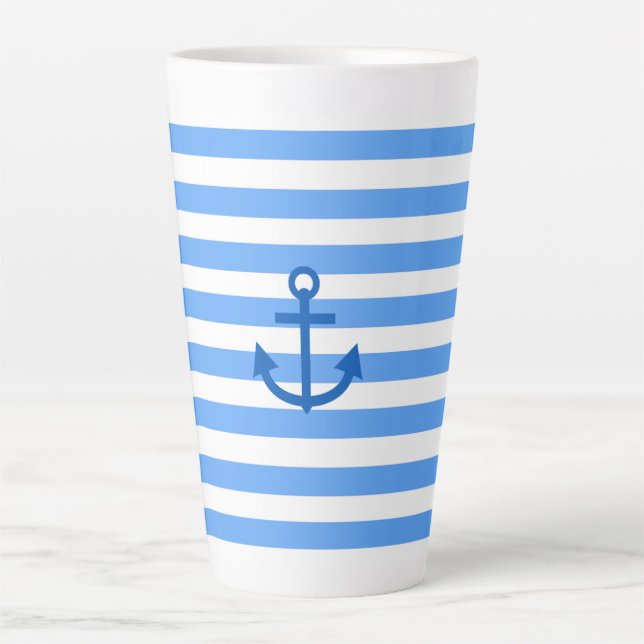 Blue & White Stripe Pattern with Anchor Latte Mug (Front)