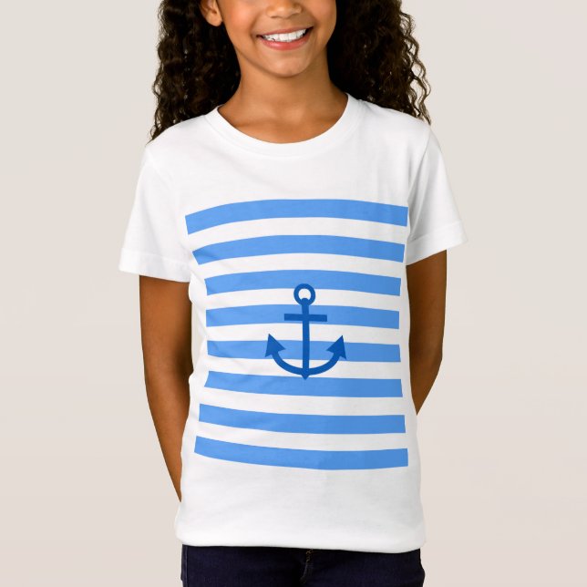 Blue & White Stripe Pattern with Anchor T-Shirt (Front)