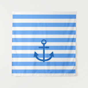 Blue & White Stripe Pattern with Anchor Tapestry