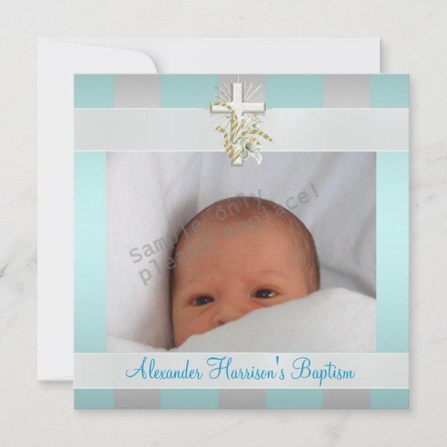 Blue White Stripe Photo Cross Baptism Christening Invitation (Front)