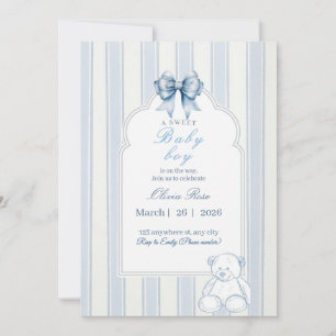 Blue white stripe retro teddy bear baby shower invitation