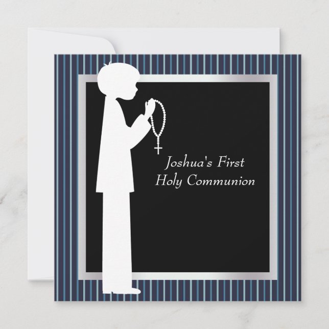 Blue White Stripe Rosary Boys First Communion Invitation (Front)