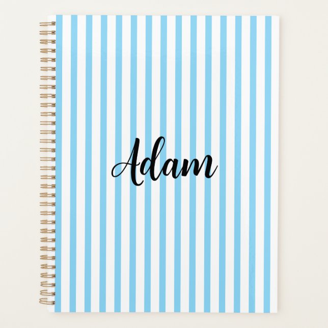 Blue White Stripe Script Name Personalised Planner (Front)