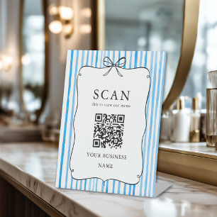 Blue White Stripe Vintage Bow QR Code Menu Sign