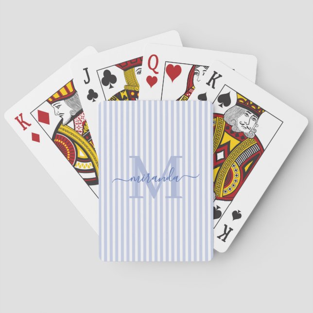 Blue & White Striped Monogram Name Playing Cards (Back)