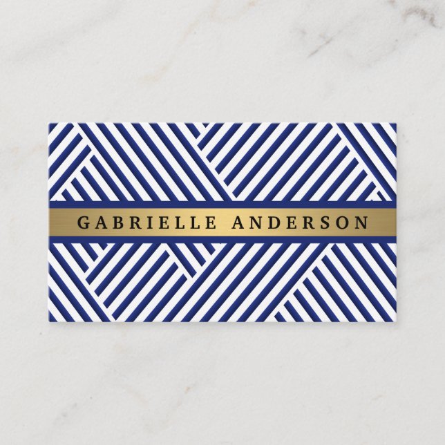 Blue White Striped Pattern | Gold Metallic Business Card (Front)