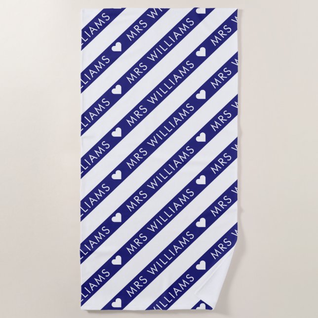 Blue & White Striped Pattern Mrs Bride Wedding Beach Towel (Front)