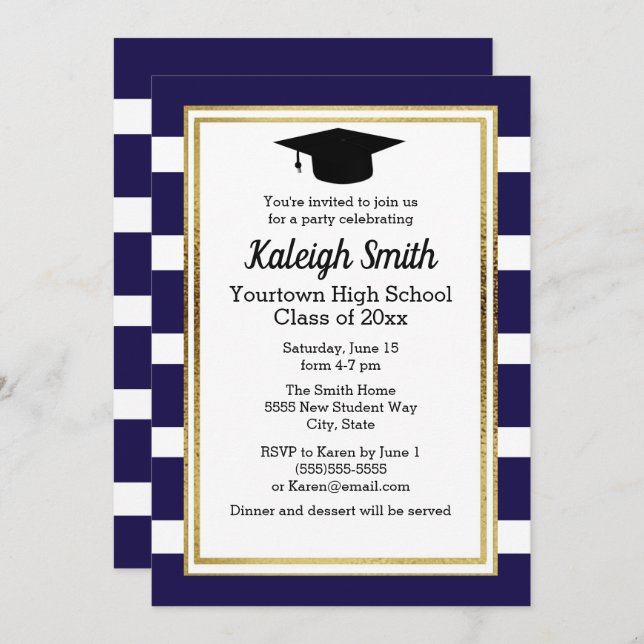 Blue White Striped with Graduation Cap Party Invitation (Front/Back)